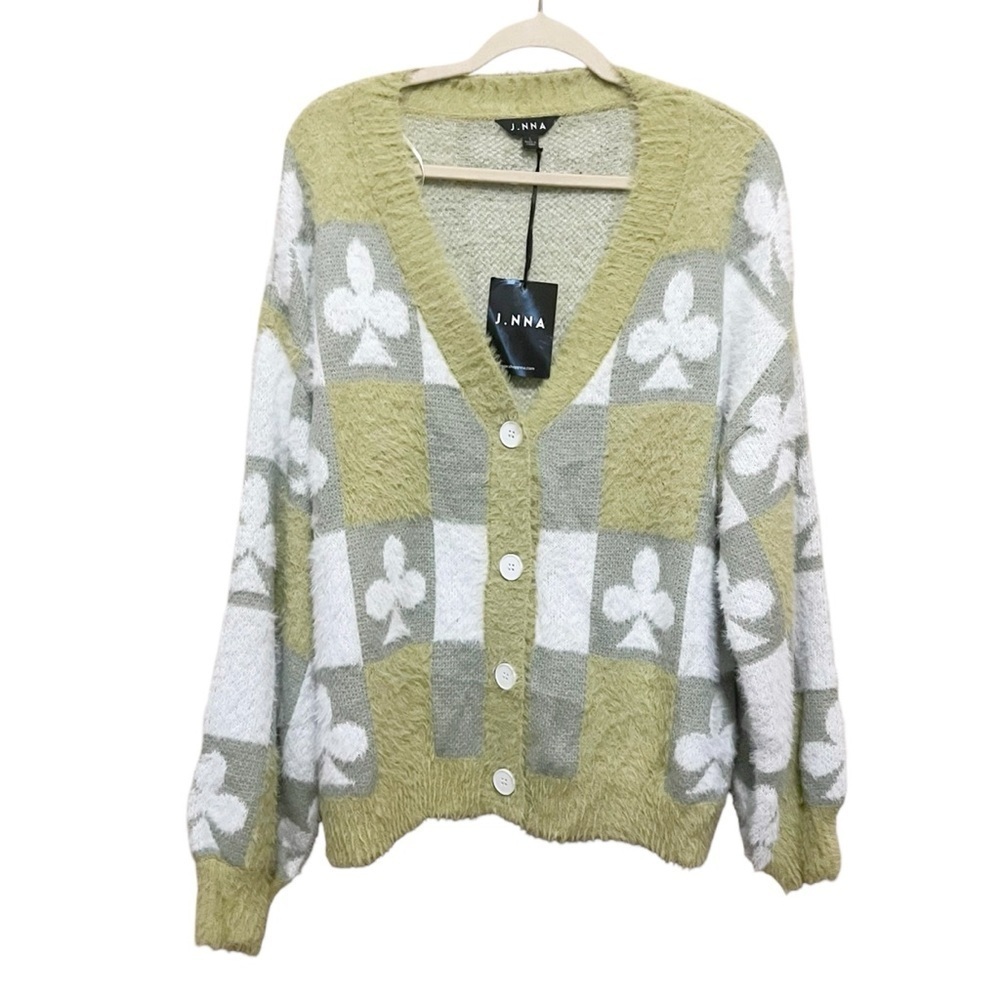 Sweater Cardigan Womens Large Green St Patrick’s Day Spades Relaxed Fuzzy NWT